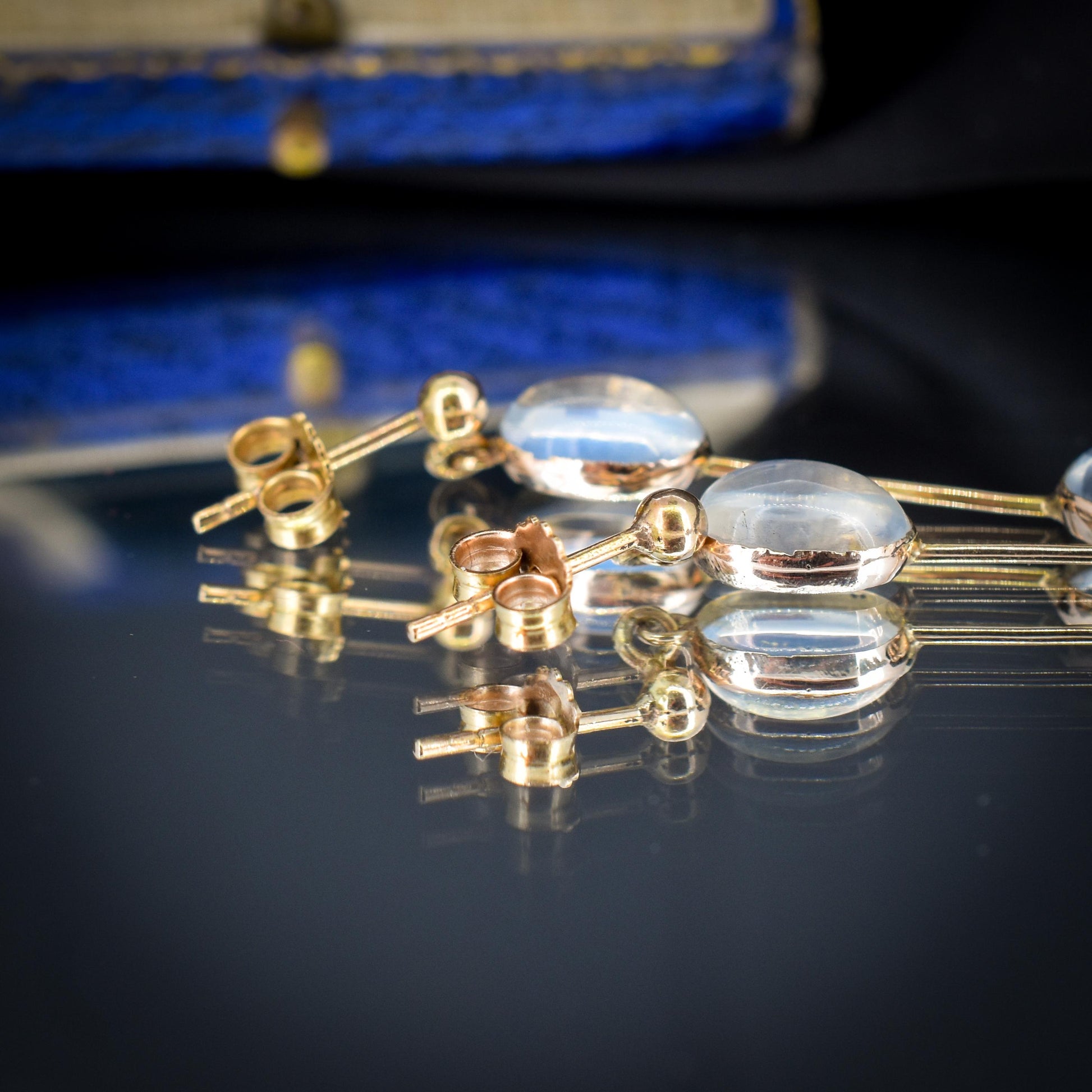 Antique Moonstone 9ct Gold Bezel Drop Dangle Earrings