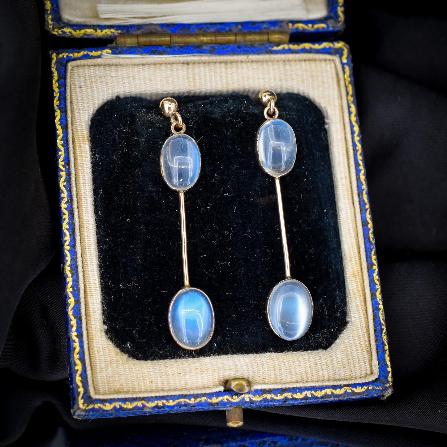Antique Moonstone 9ct Gold Bezel Drop Dangle Earrings