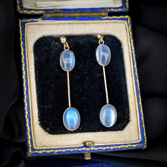 Antique Moonstone 9ct Gold Bezel Drop Dangle Earrings