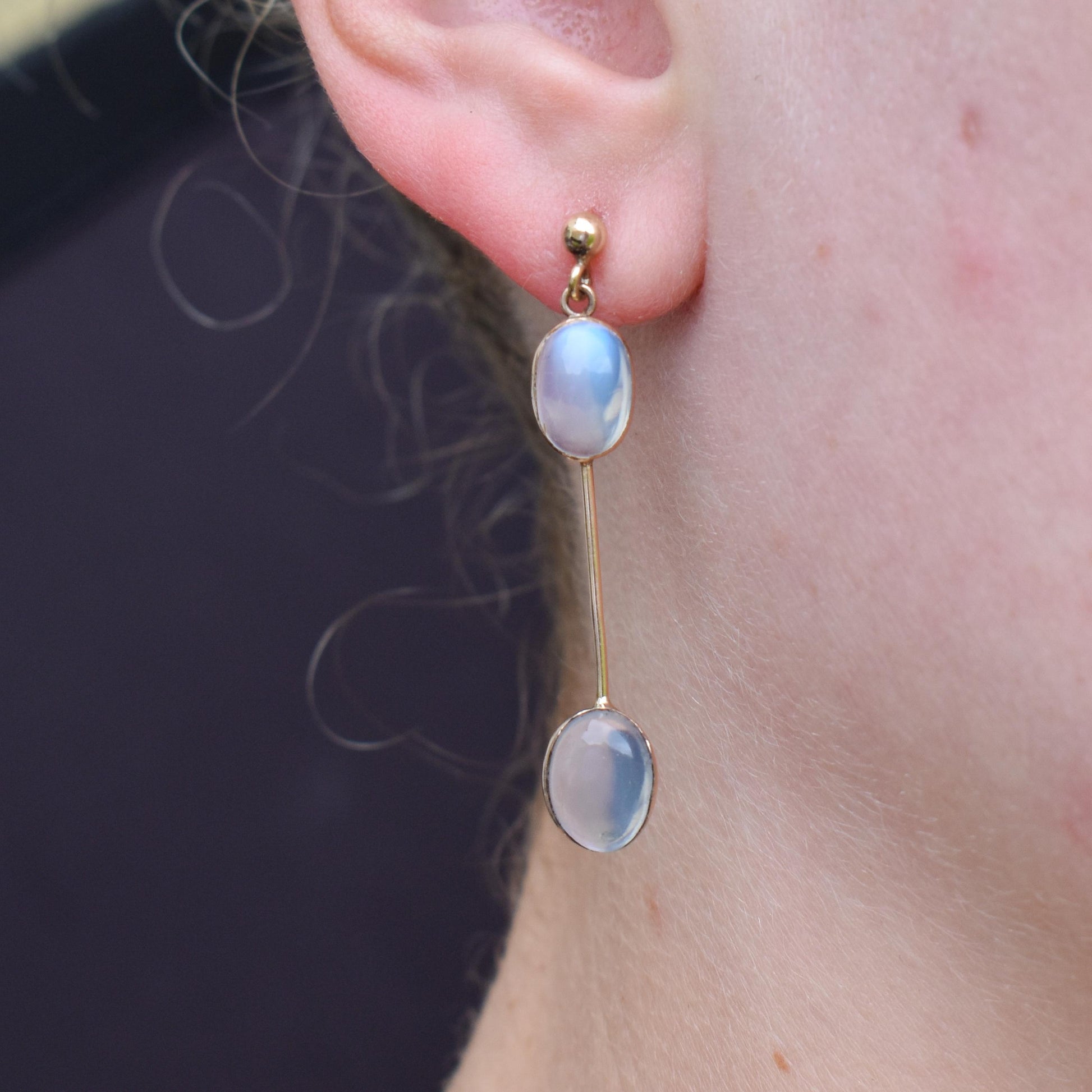 Antique Moonstone 9ct Gold Bezel Drop Dangle Earrings