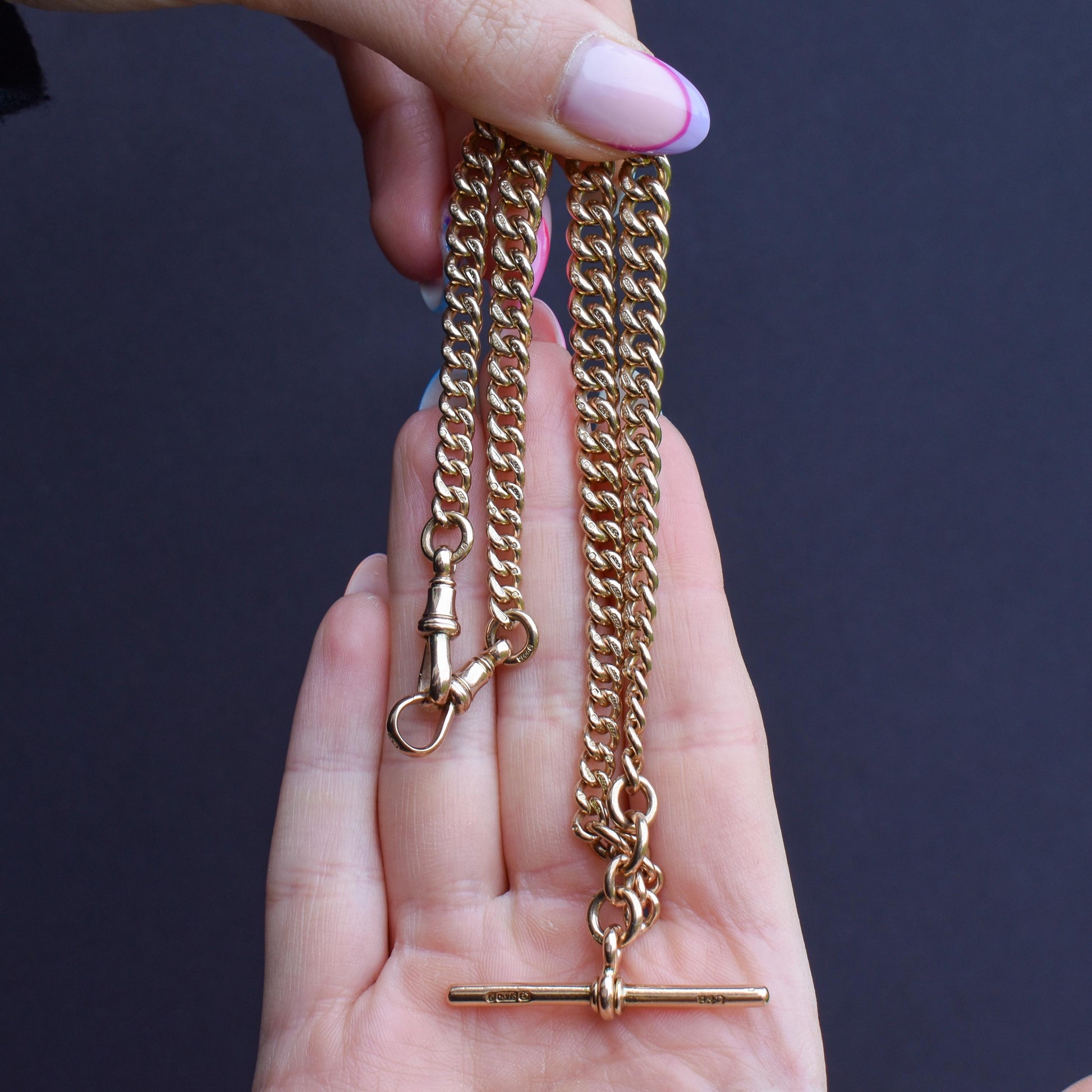 Antique 15.75" 9ct Gold Double Dog Clip Albert Curb Watch Chain Necklace