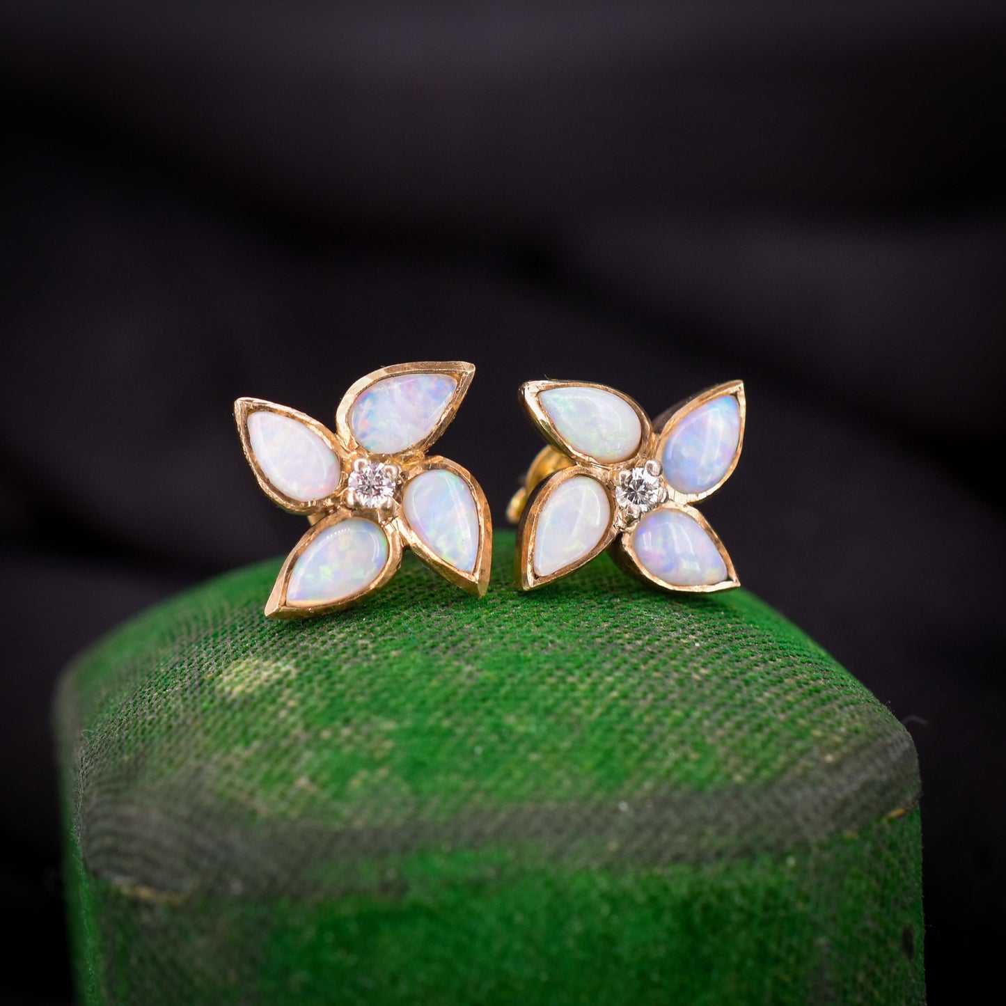 Vintage Opal and Diamond Flower Gold Stud Earrings, Studs