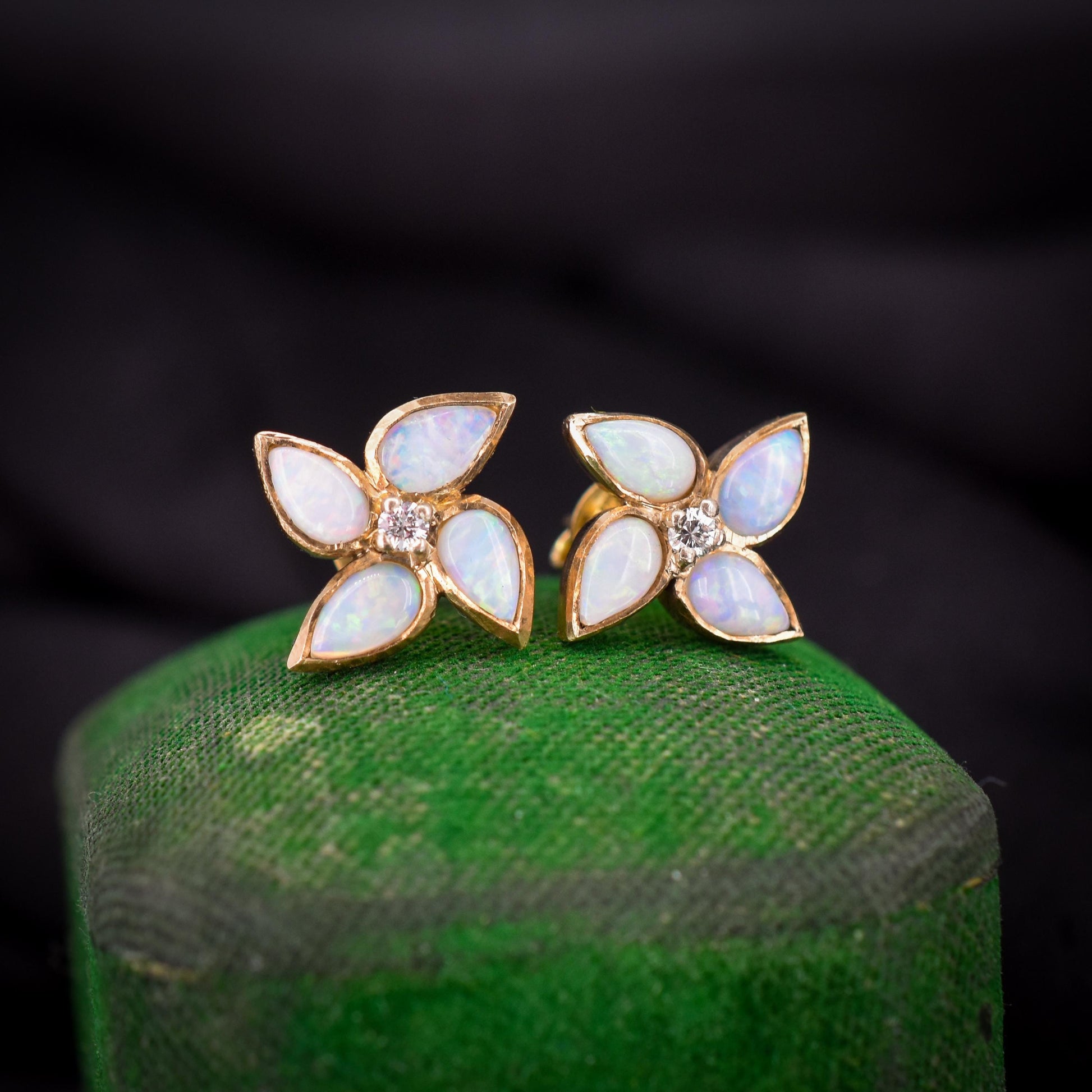 Vintage Opal and Diamond Flower Gold Stud Earrings, Studs