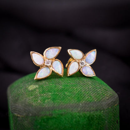Vintage Opal and Diamond Flower Gold Stud Earrings, Studs