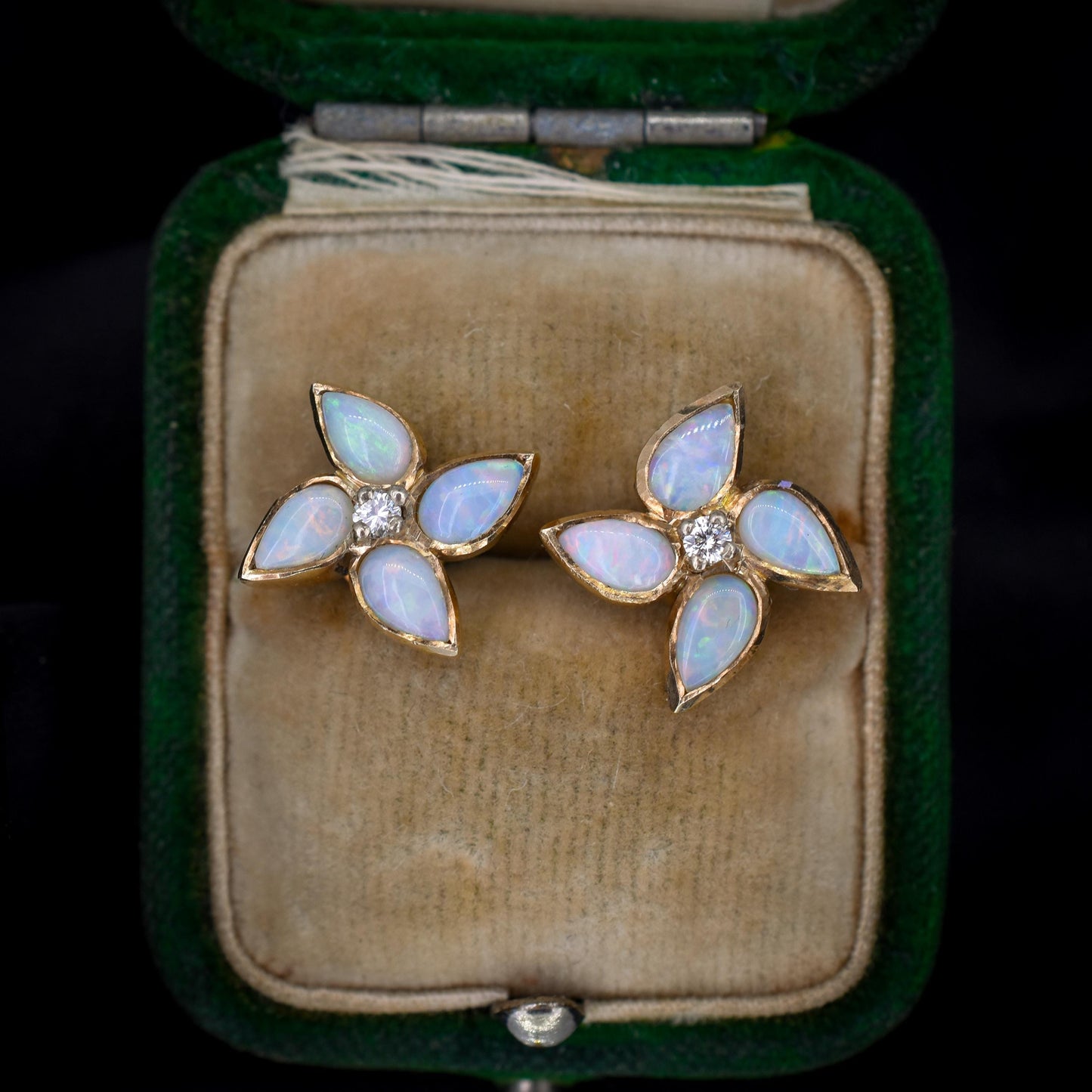 Vintage Opal and Diamond Flower Gold Stud Earrings, Studs