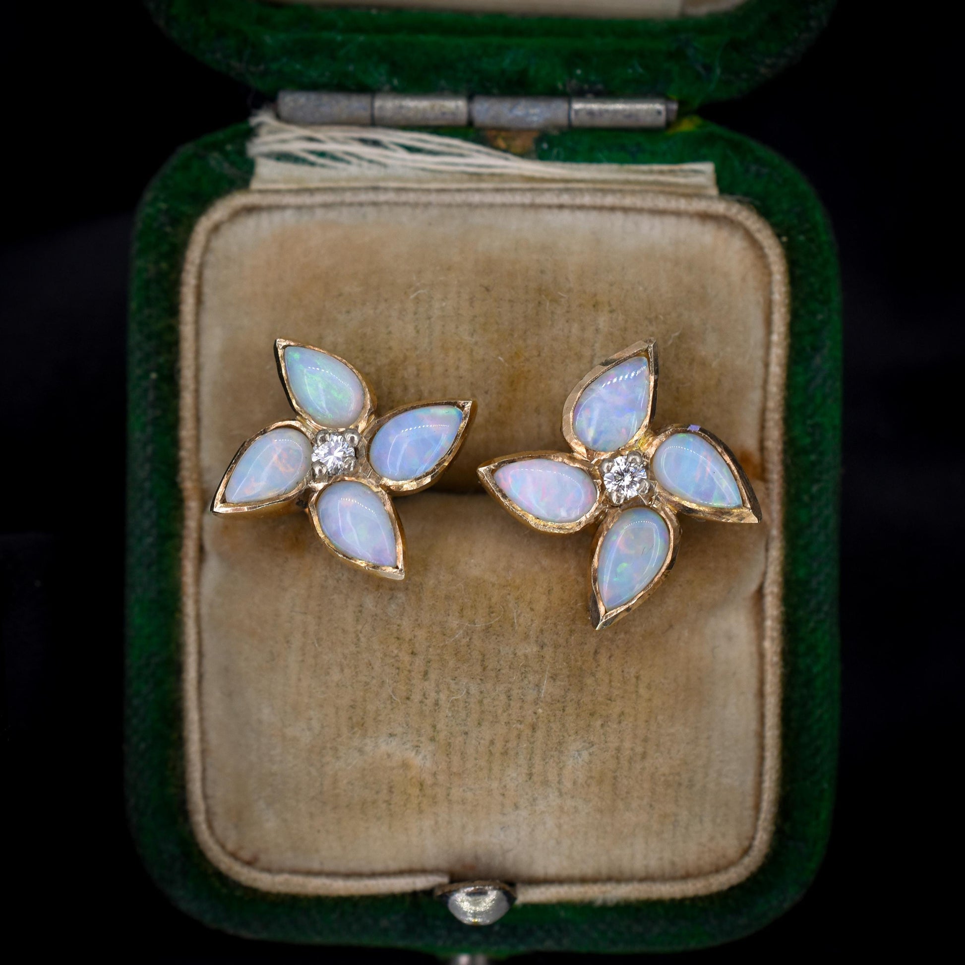 Vintage Opal and Diamond Flower Gold Stud Earrings, Studs