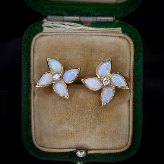 Vintage Opal and Diamond Flower Gold Stud Earrings, Studs