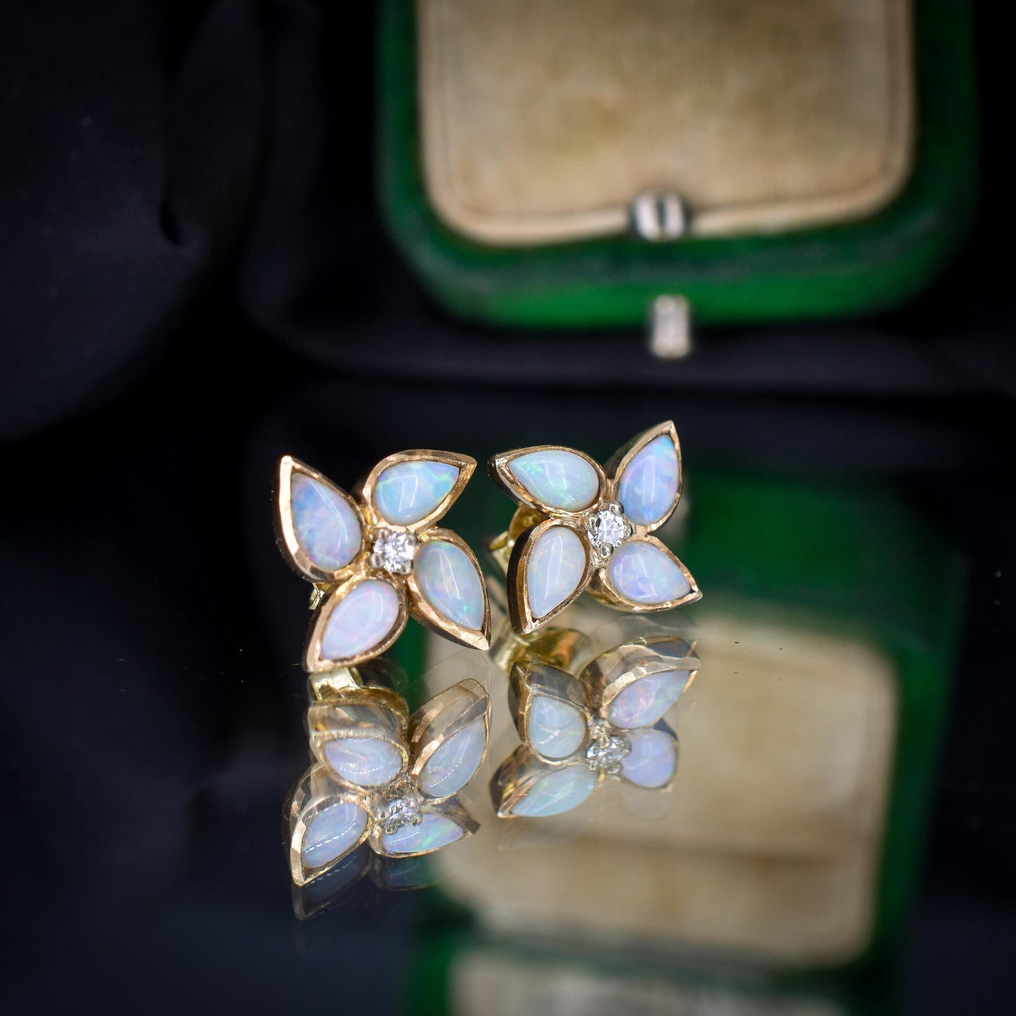 Vintage Opal and Diamond Flower Gold Stud Earrings, Studs