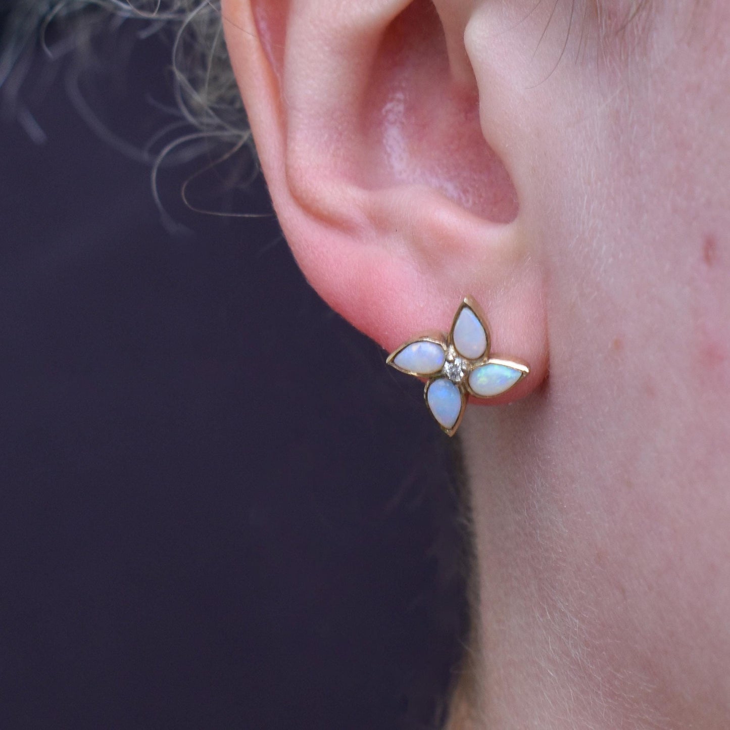 Vintage Opal and Diamond Flower Gold Stud Earrings, Studs