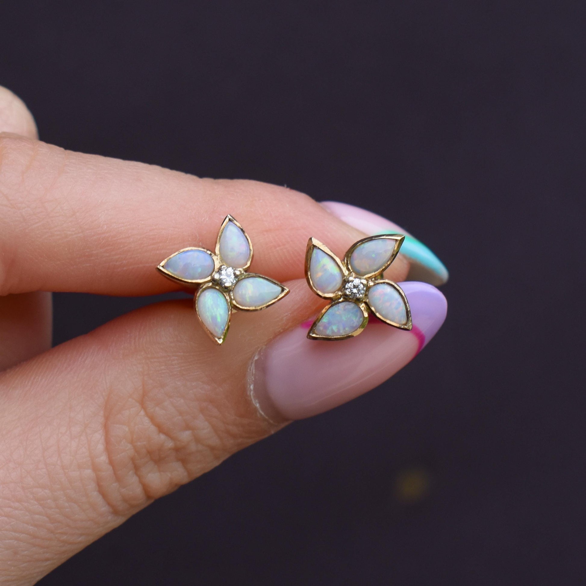 Vintage Opal and Diamond Flower Gold Stud Earrings, Studs