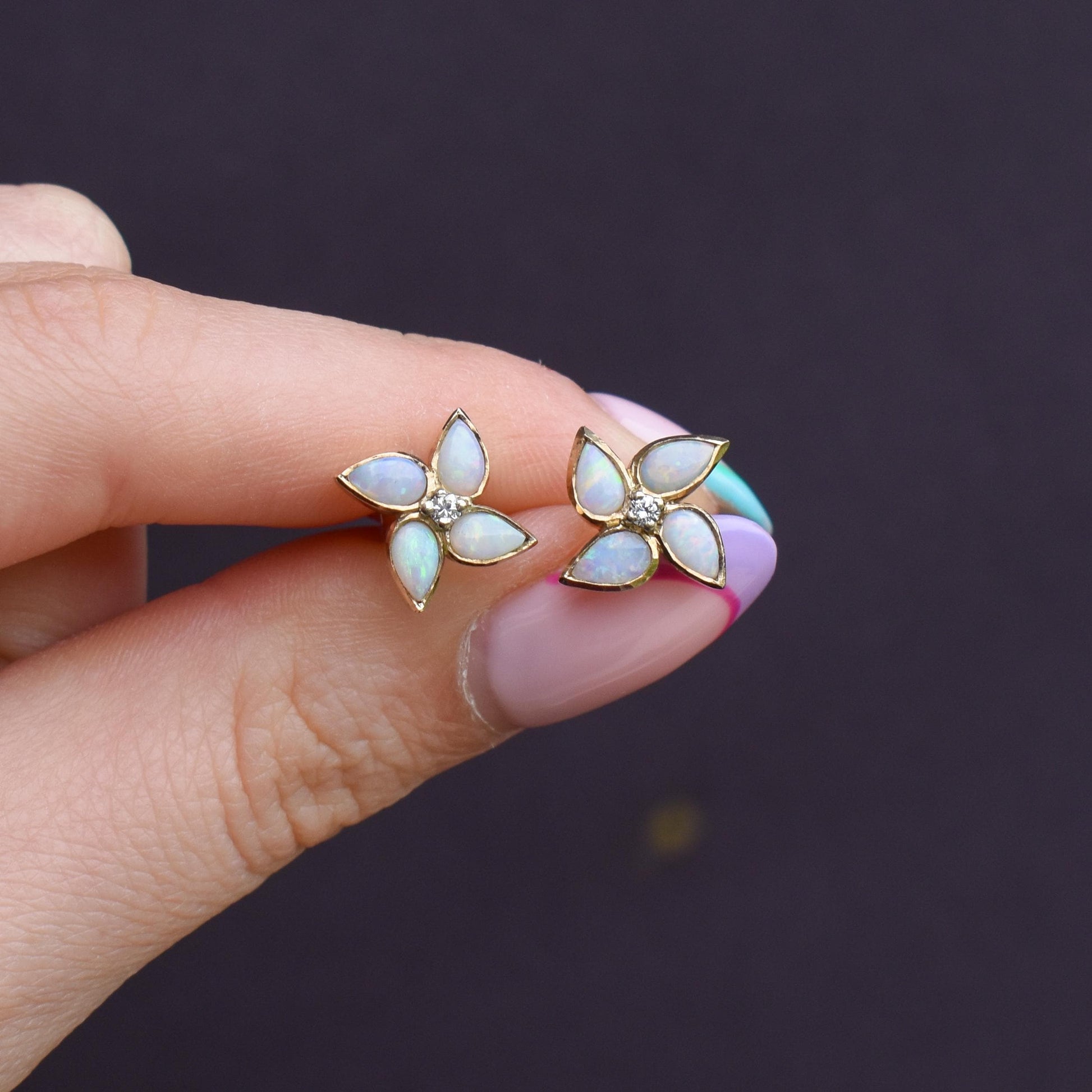 Vintage Opal and Diamond Flower Gold Stud Earrings, Studs