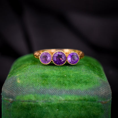 Antique Victorian Amethyst Three-Stone Scottish Thistle 18ct Gold Ring