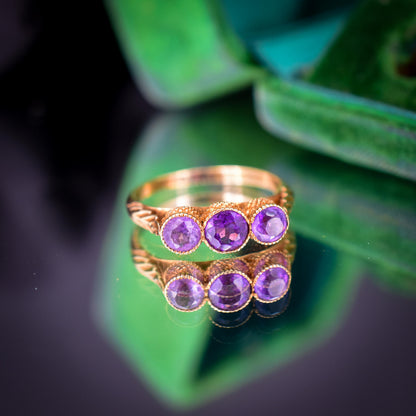 Antique Victorian Amethyst Three-Stone Scottish Thistle 18ct Gold Ring