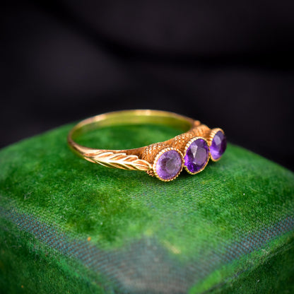 Antique Victorian Amethyst Three-Stone Scottish Thistle 18ct Gold Ring
