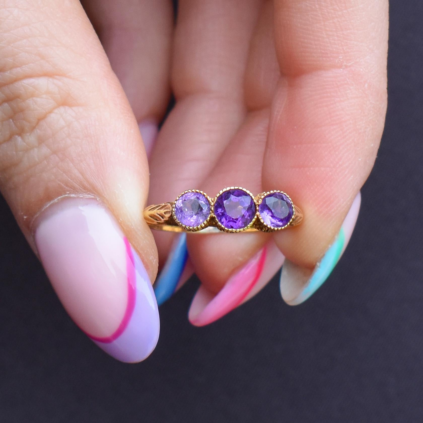 Antique Victorian Amethyst Three-Stone Scottish Thistle 18ct Gold Ring