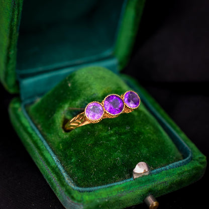 Antique Victorian Amethyst Three-Stone Scottish Thistle 18ct Gold Ring
