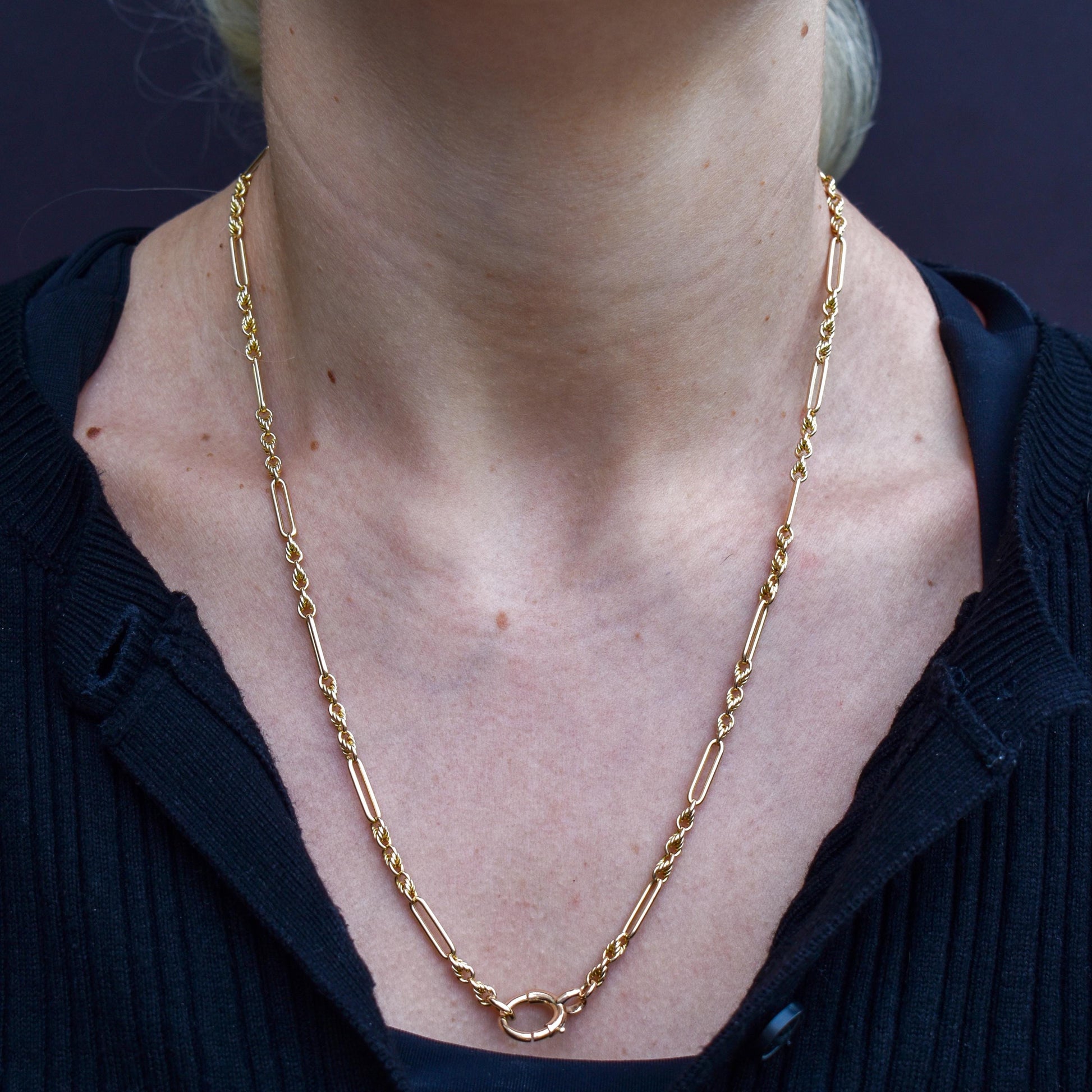 Antique 15ct Yellow Gold Trombone and Love Knot Chain Necklace with Bolt Ring | 20.5"