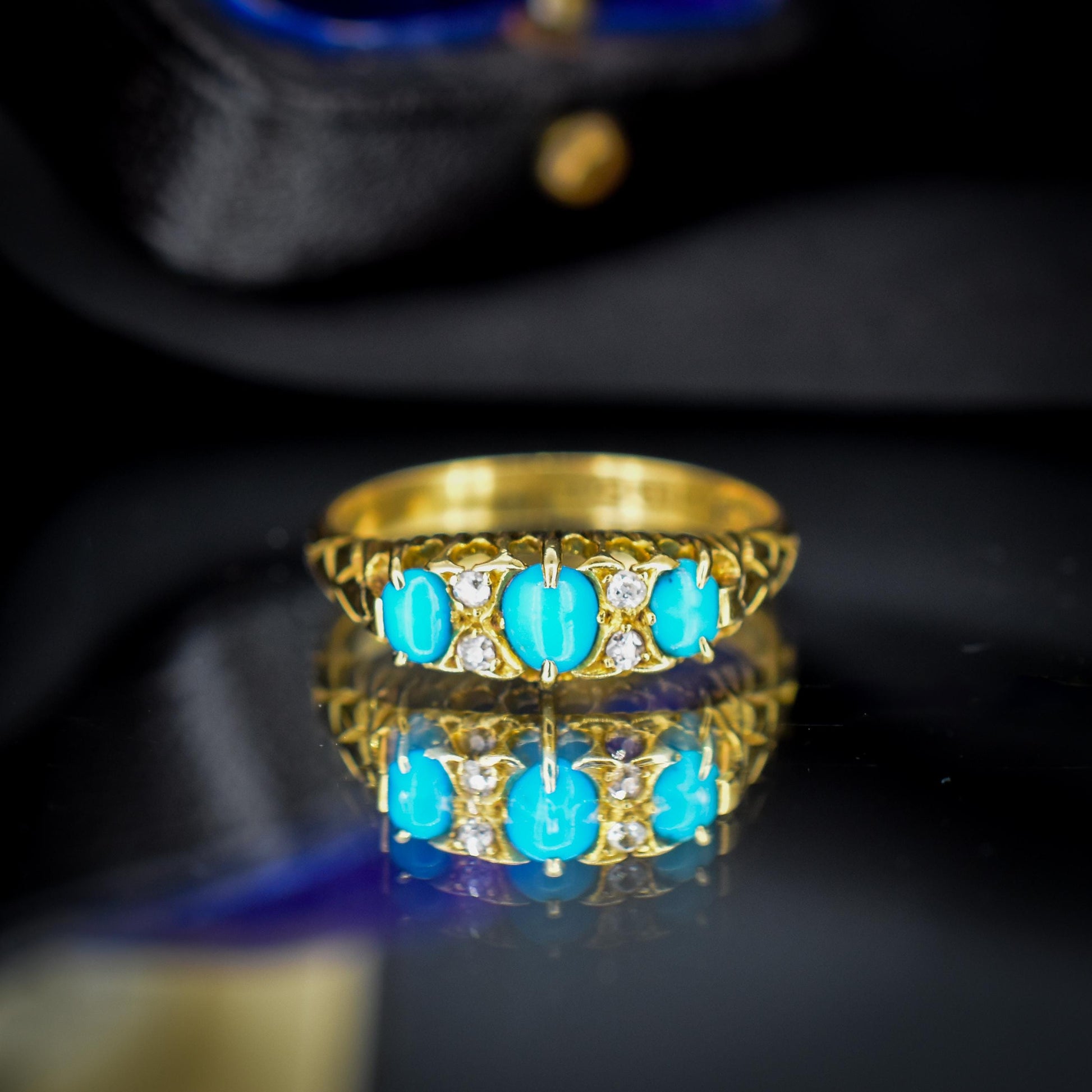 Antique Turquoise and Diamond Scroll Boat 18ct Gold Ring | Chester 1905