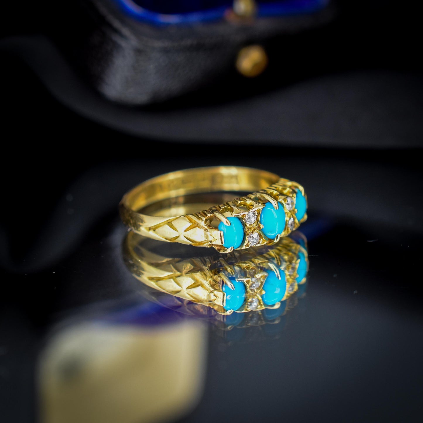 Antique Turquoise and Diamond Scroll Boat 18ct Gold Ring | Chester 1905