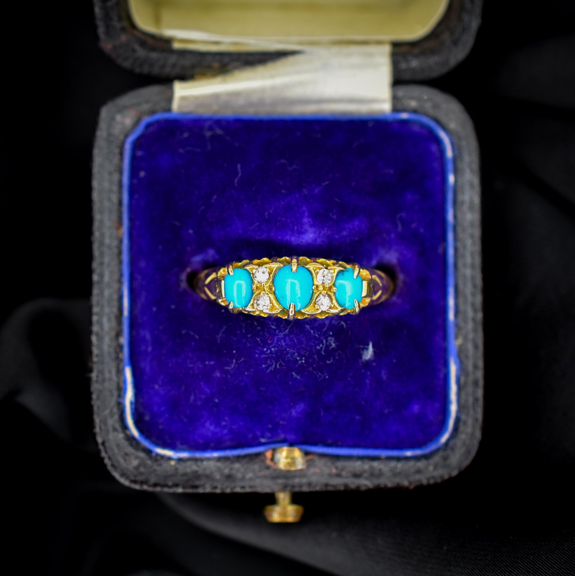 Antique Turquoise and Diamond Scroll Boat 18ct Gold Ring | Chester 1905