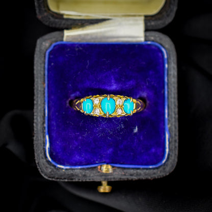 Antique Turquoise and Diamond Scroll Boat 18ct Gold Ring | Chester 1905