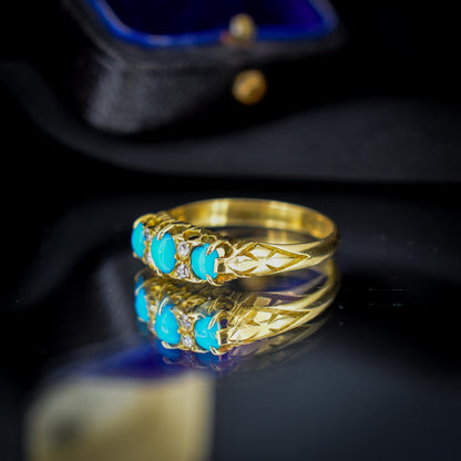 Antique Turquoise and Diamond Scroll Boat 18ct Gold Ring | Chester 1905