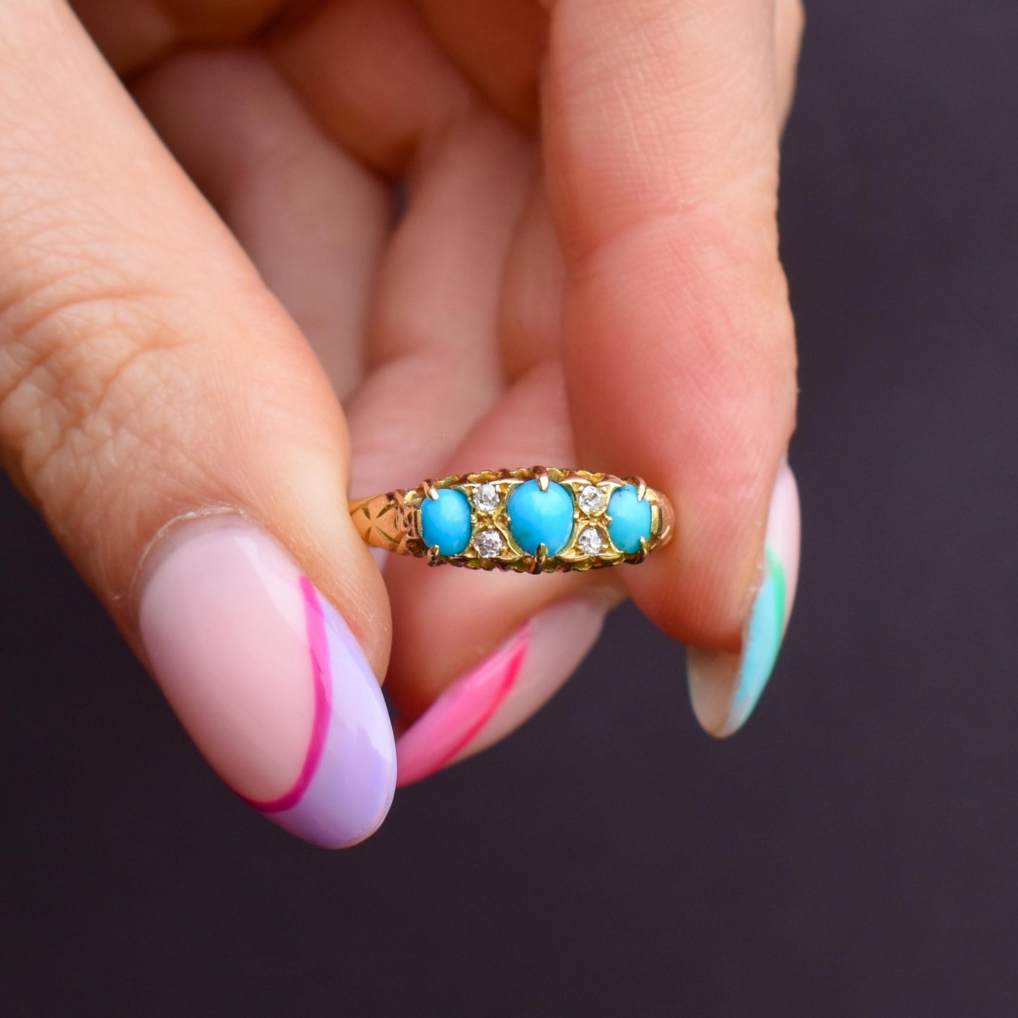 Antique Turquoise and Diamond Scroll Boat 18ct Gold Ring | Chester 1905
