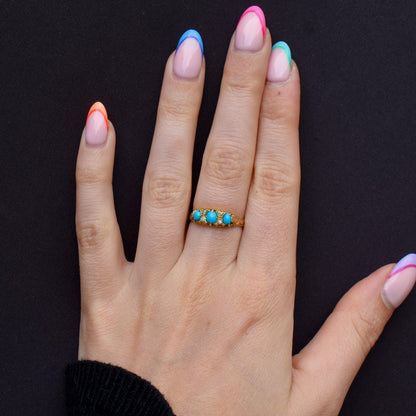 Antique Turquoise and Diamond Scroll Boat 18ct Gold Ring | Chester 1905