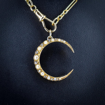 Antique Victorian 15ct Gold Pearl Diamond Crescent Moon Pendant
