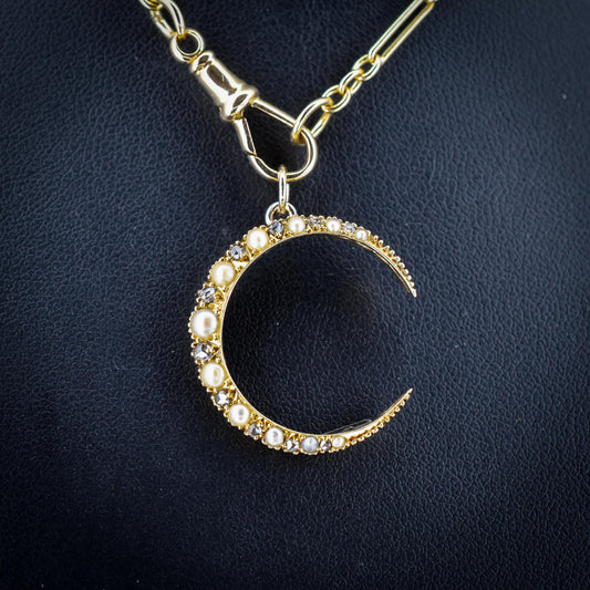 Antique Victorian 15ct Gold Pearl Diamond Crescent Moon Pendant