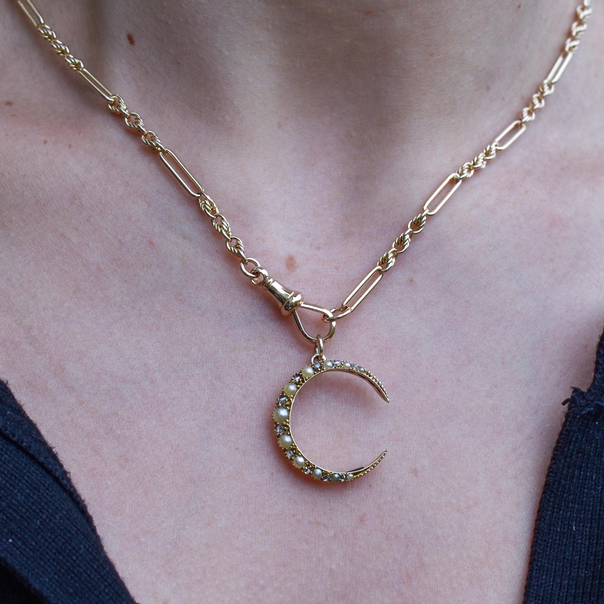 Antique Victorian 15ct Gold Pearl Diamond Crescent Moon Pendant