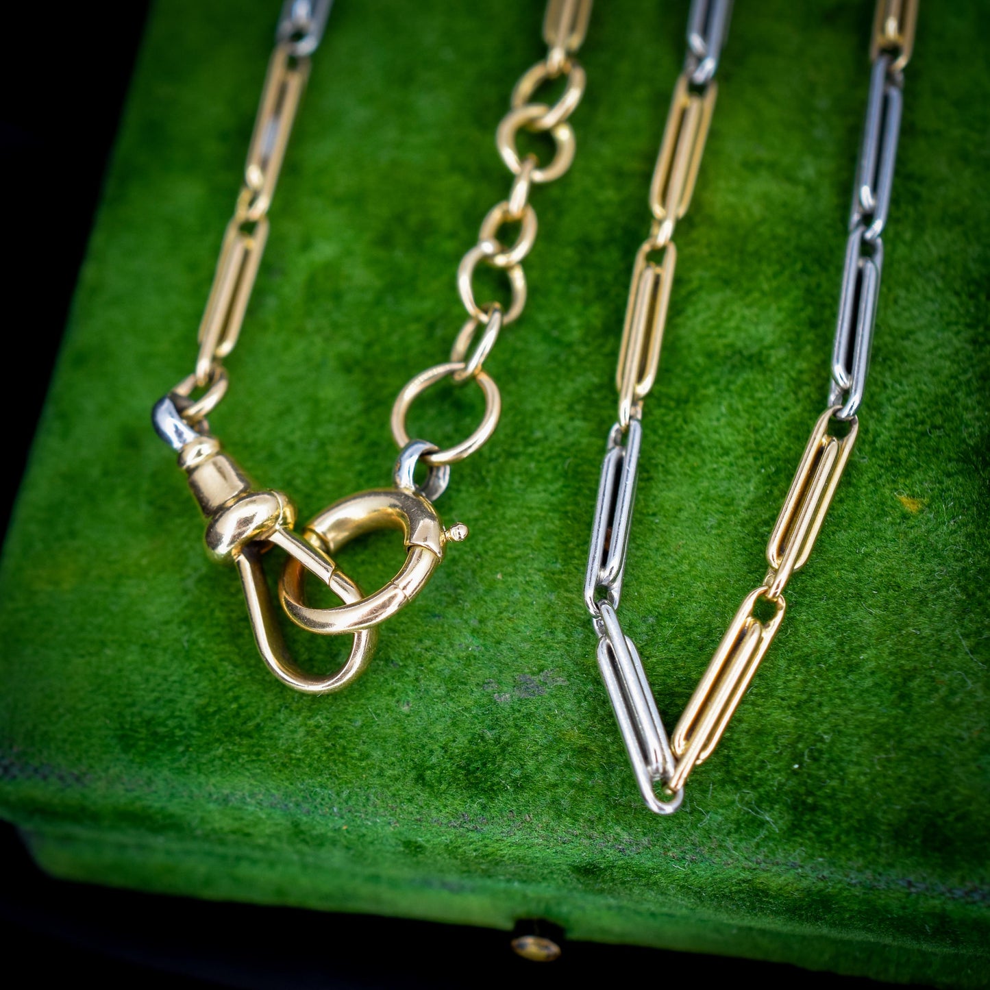 Antique 18ct Gold and Platinum Chain Necklace with Dog Clip and Bolt Ring | 15"