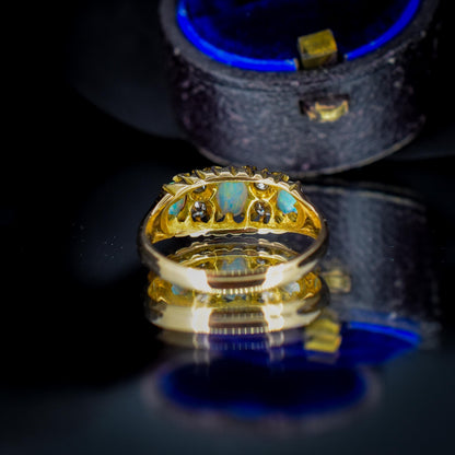 Antique Natural Opal and Diamond 18ct Yellow Gold Three Stone Ring