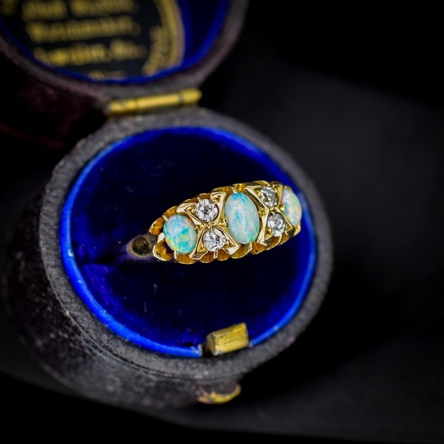 Antique Natural Opal and Diamond 18ct Yellow Gold Three Stone Ring