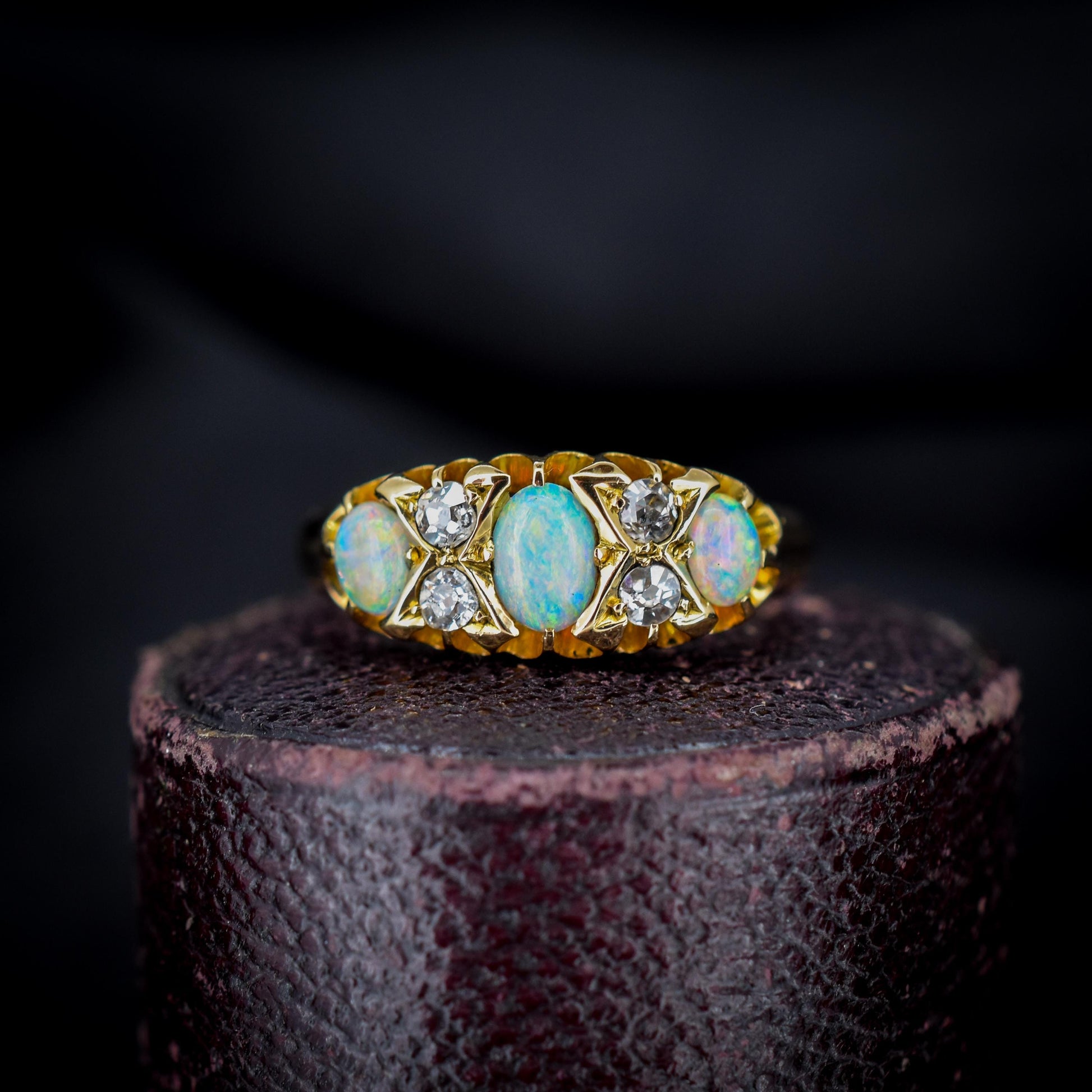 Antique Natural Opal and Diamond 18ct Yellow Gold Three Stone Ring