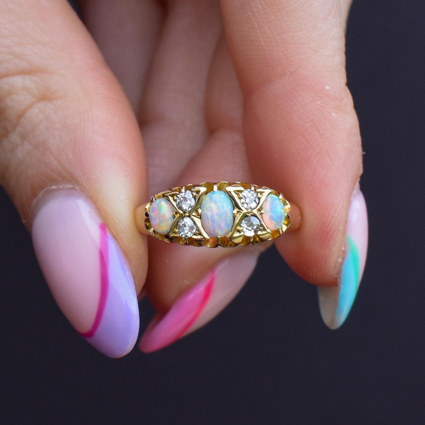 Antique Natural Opal and Diamond 18ct Yellow Gold Three Stone Ring