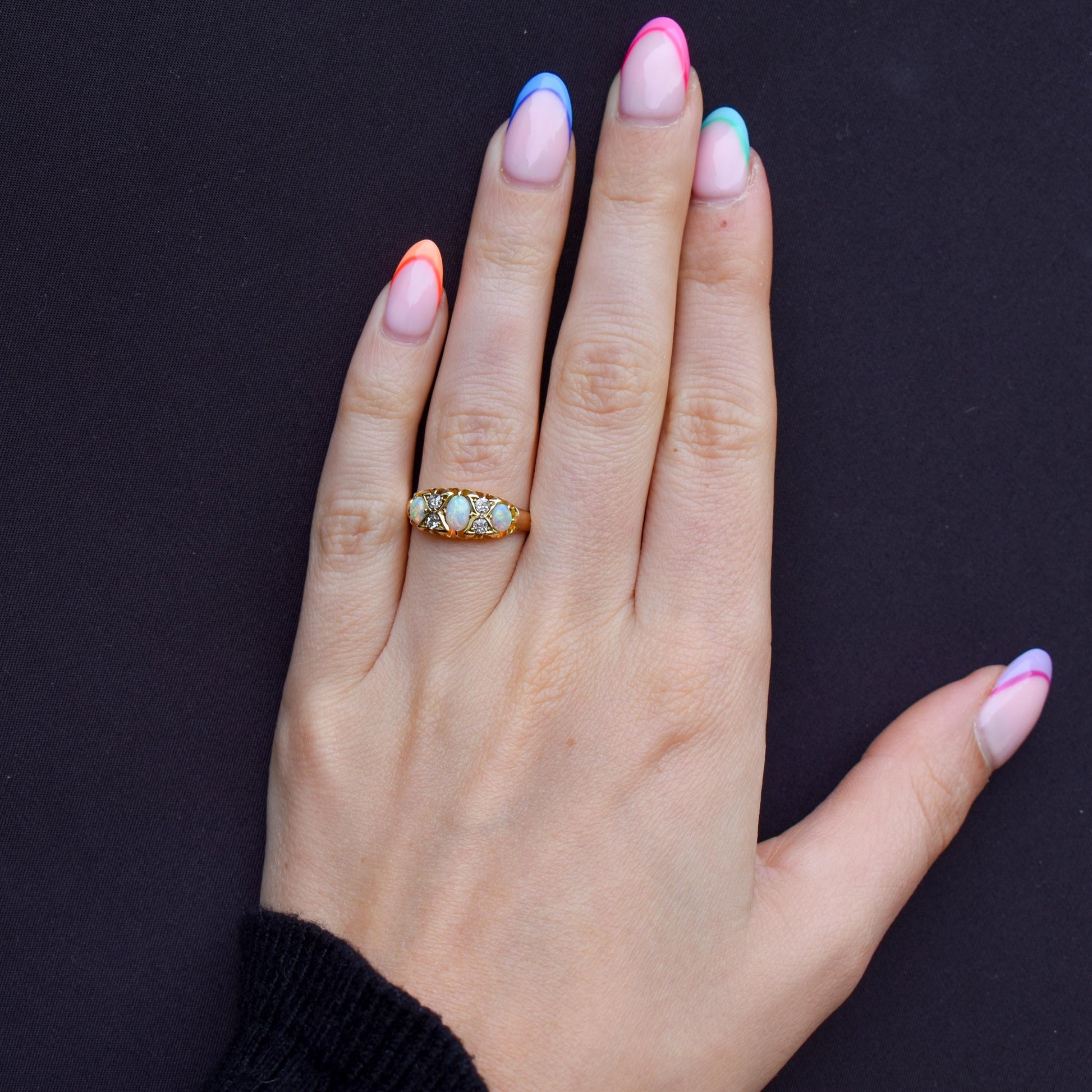 Antique Natural Opal and Diamond 18ct Yellow Gold Three Stone Ring