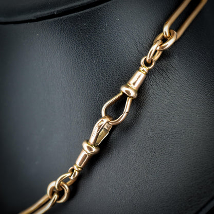 Antique 9ct Rose Gold Trombone Link Albert Chain with Dog Clips and T-Bar | 15.25" length