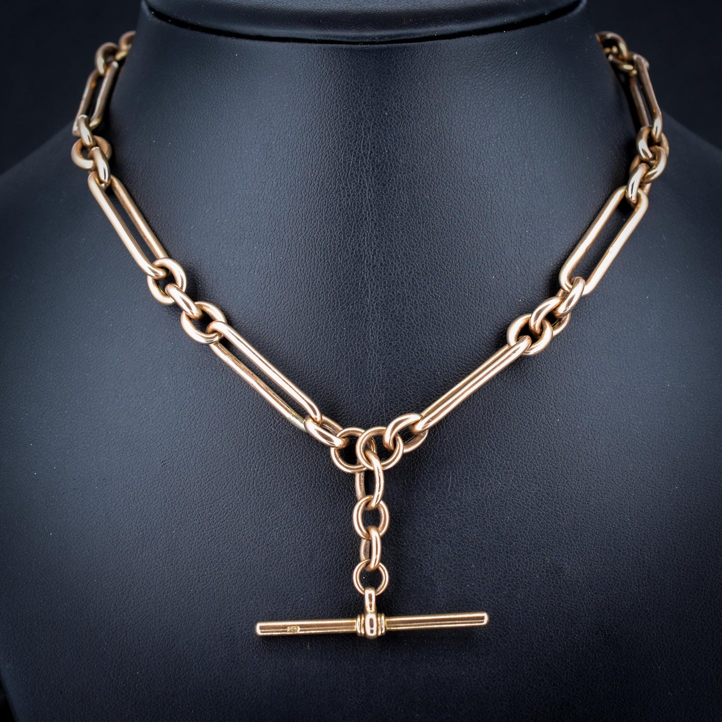 Antique 9ct Rose Gold Trombone Link Albert Chain with Dog Clips and T-Bar | 15.25" length