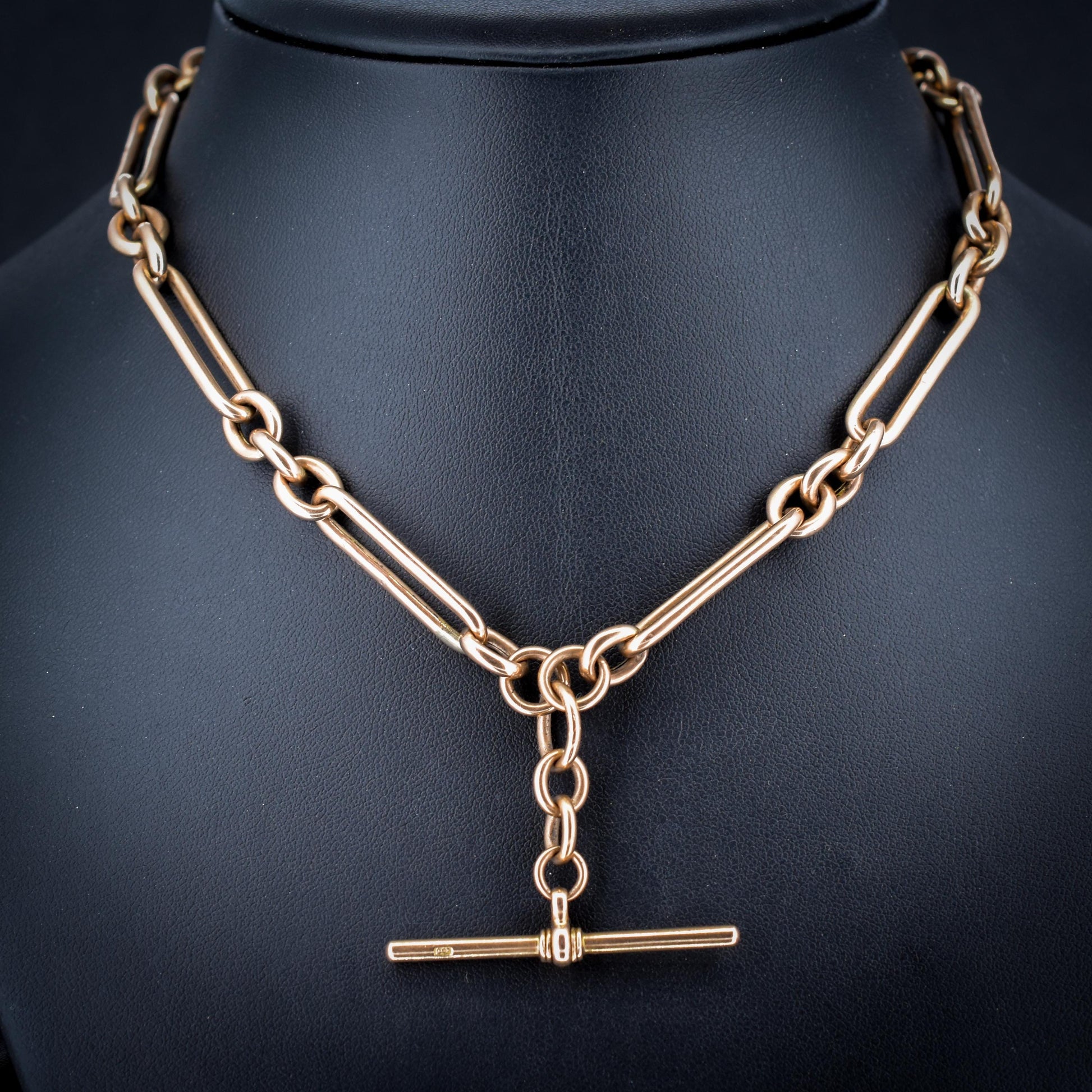 Antique 9ct Rose Gold Trombone Link Albert Chain with Dog Clips and T-Bar | 15.25" length