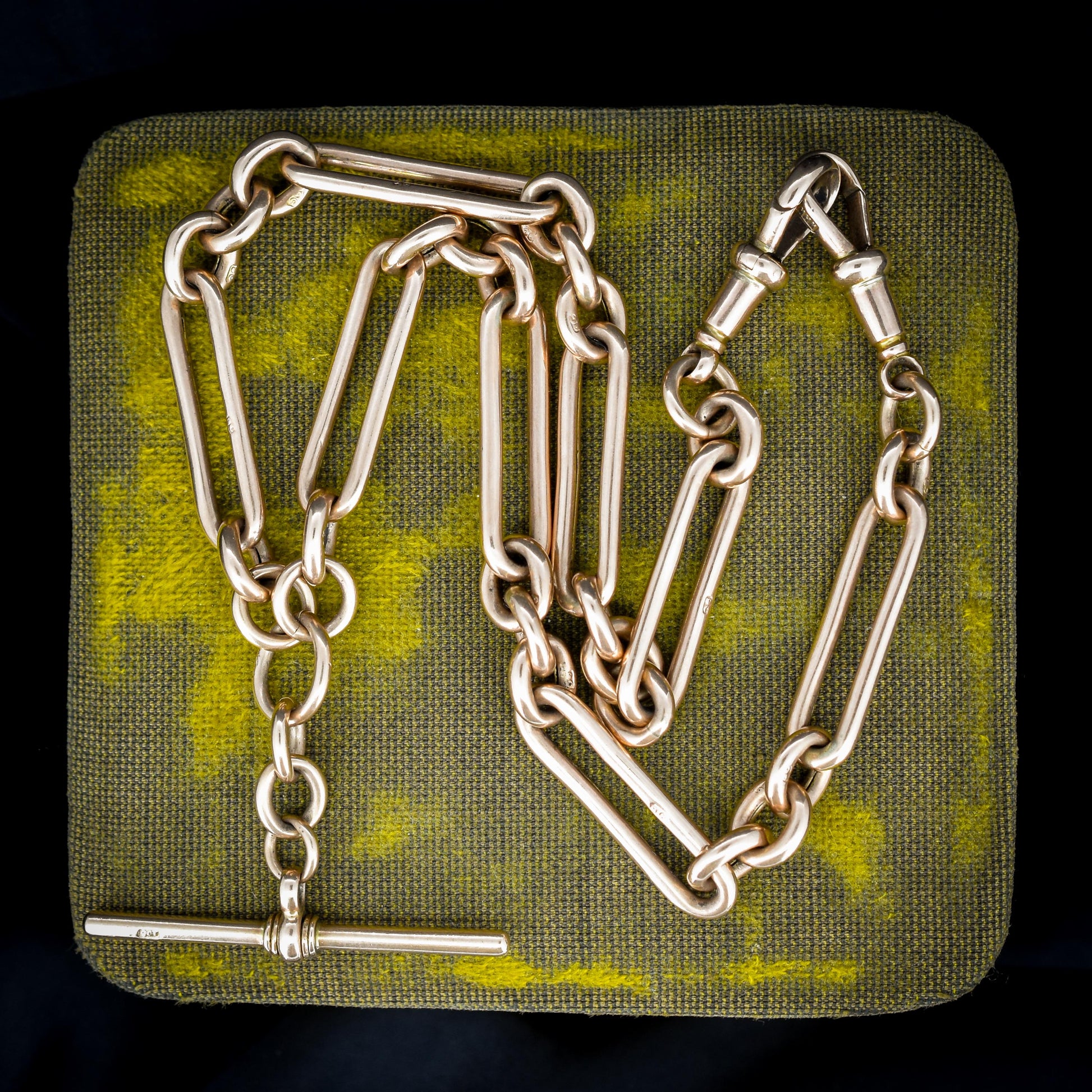 Antique 9ct Rose Gold Trombone Link Albert Chain with Dog Clips and T-Bar | 15.25" length