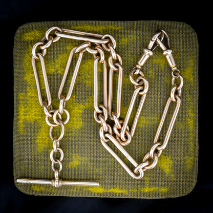 Antique 9ct Rose Gold Trombone Link Albert Chain with Dog Clips and T-Bar | 15.25" length