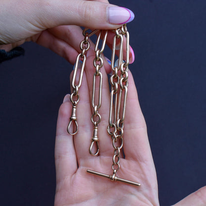 Antique 9ct Rose Gold Trombone Link Albert Chain with Dog Clips and T-Bar | 15.25" length