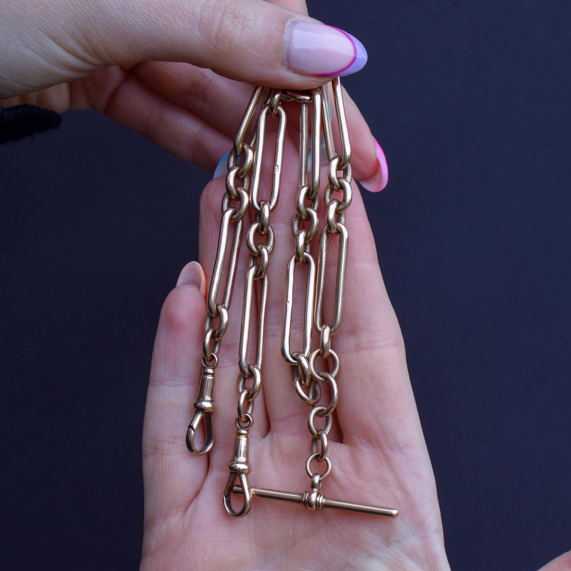 Antique 9ct Rose Gold Trombone Link Albert Chain with Dog Clips and T-Bar | 15.25" length