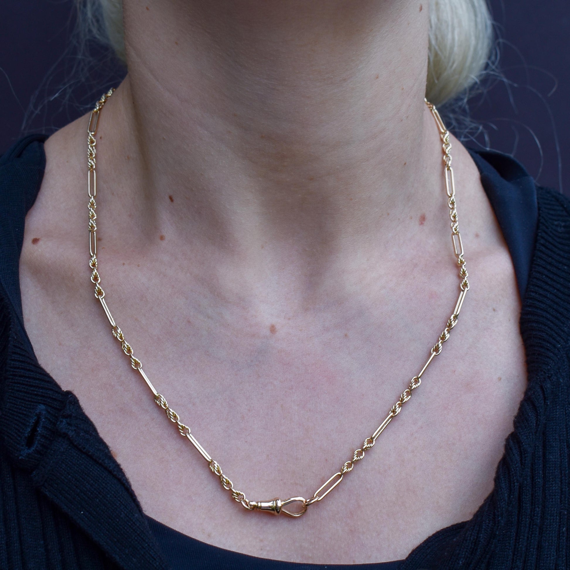 Antique 15ct Yellow Gold Trombone and Love Knot Chain Necklace with Dog Clip | 20.75"