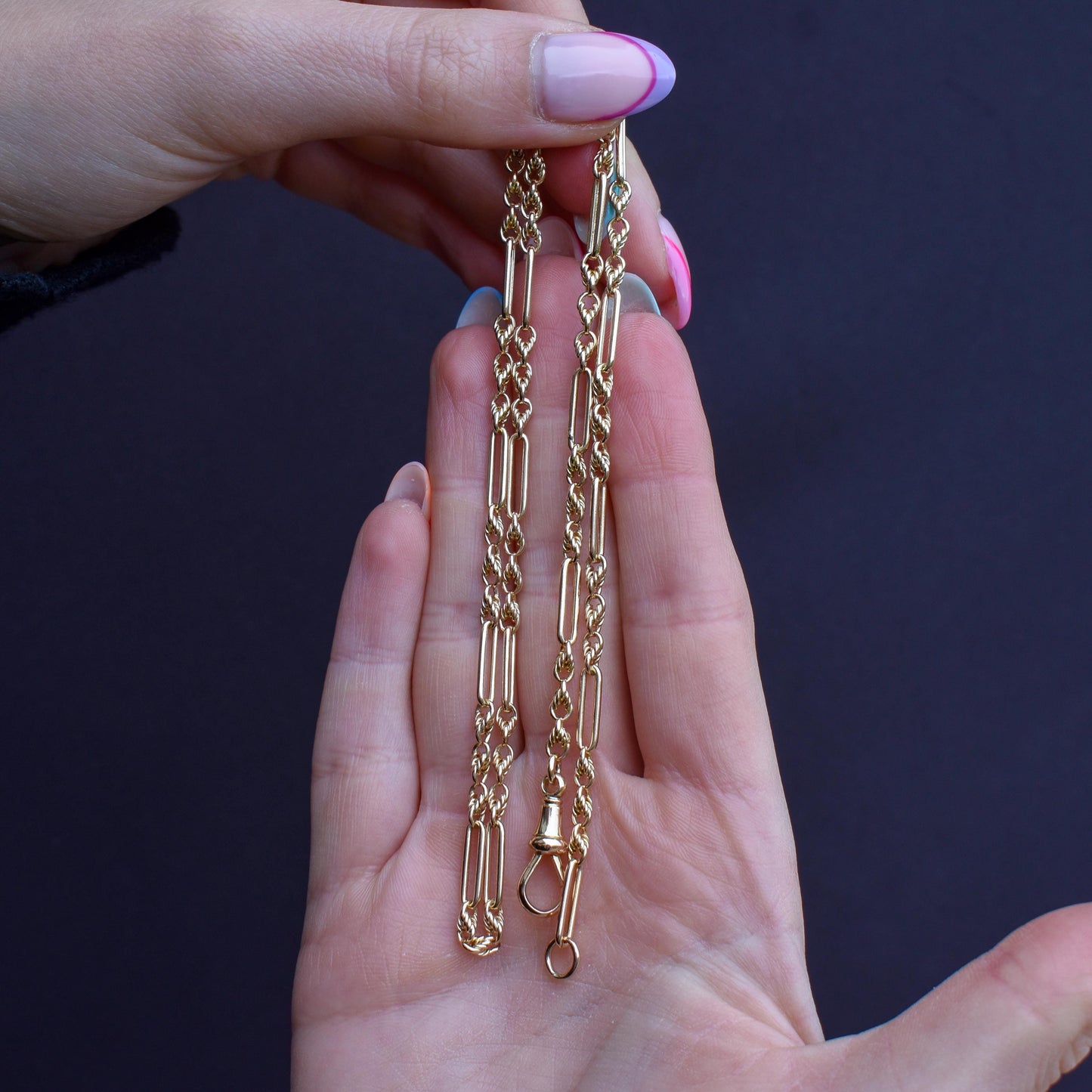 Antique 15ct Yellow Gold Trombone and Love Knot Chain Necklace with Dog Clip | 20.75"