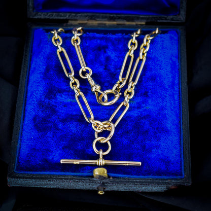 Art Deco 15ct Yellow Gold Trombone Link Albert Chain Necklace | 15.75"