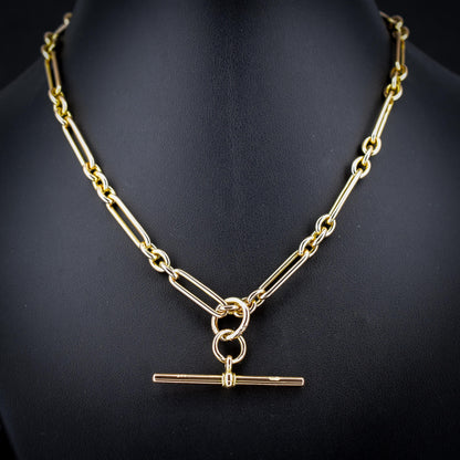 Art Deco 15ct Yellow Gold Trombone Link Albert Chain Necklace | 15.75"