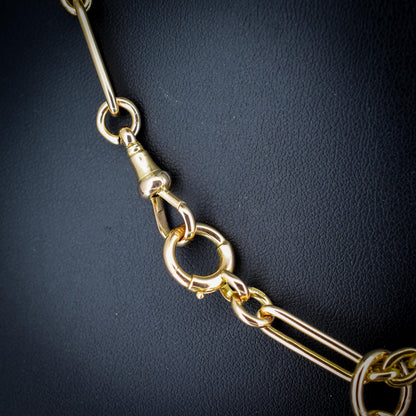 Art Deco 15ct Yellow Gold Trombone Link Albert Chain Necklace | 15.75"