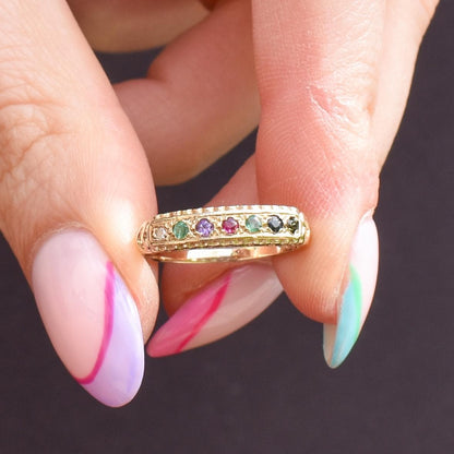 Vintage DEAREST Acrostic Multi-Gemstone Gold Ring Band